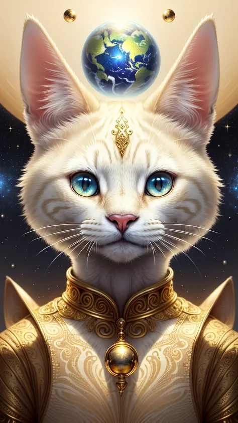 1 animal, space background, ivory gold AI psychedelic magic, cat, clean, bright, smile, god