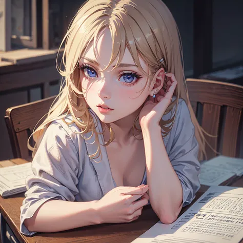 1girl, sitting on a school desk, beautiful detailed eyes, beautiful detailed lips, extremely detailed face, long eyelashes, , focused expression, photorealistic, 8k, highly detailed, intricate, vivid colors, dramatic lighting, cinematic, trending on artsta...