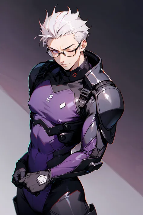 1male, Young Adult, Dark Purple, Eyes Closed, Short Hair, Spikey Hair, Dojo Background, Slight Smile, Glasses, Standing In City, Detailed background, Black and White Combat Suit