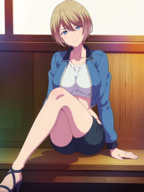 masterpiece, best quality, highres, akane hououji,full body,full body portrait,1girl, solo, short hair, blonde hair, blue eyes,smile ,crop top, black denim jacket,jean shorts, midriff, underboob,open jacket,closed toe shoes,high heels,crossed legs, sitting...