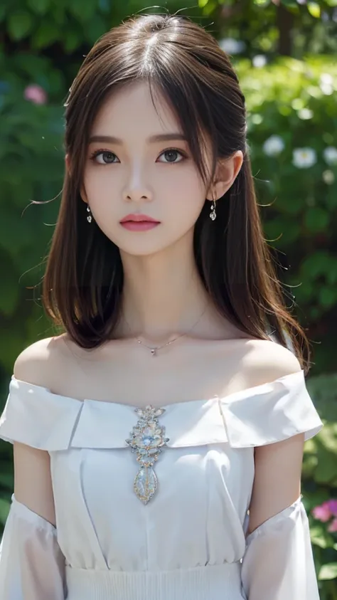 landscape、(Image looking from the chest up:1.6)、Close-up of a woman wearing a white off-shoulder top and earrings, necklace，Soft portrait shots 8 k, Cute and delicate face, High-quality 4K portraits, High quality portrait, Soft and flawless pale skin, 8k h...