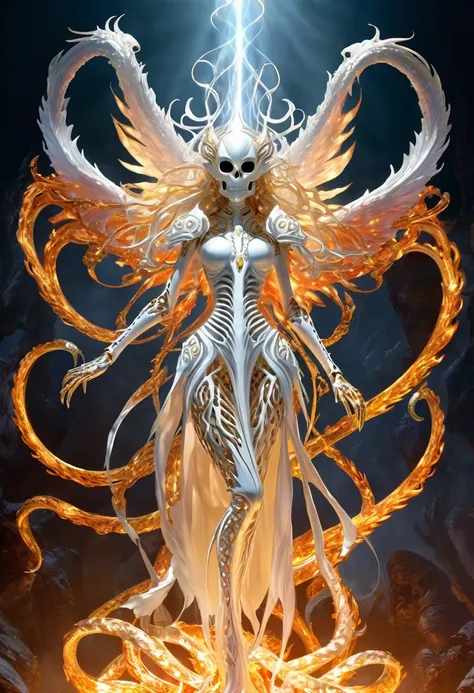 danligur, the fire skeleton king, eva, emerging, fallen alien angel in center, white tentacles wrapping around her lower legs, s...