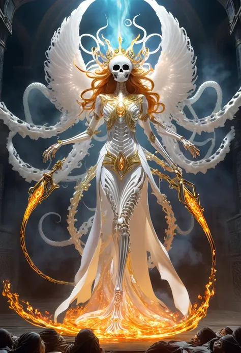 danligur, the fire skeleton king, eva, emerging, fallen alien angel in center, white tentacles wrapping around her lower legs, s...