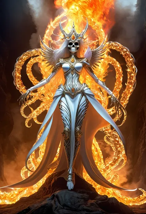 danligur, the fire skeleton king, eva, emerging, fallen alien angel in center, white tentacles wrapping around her lower legs, s...