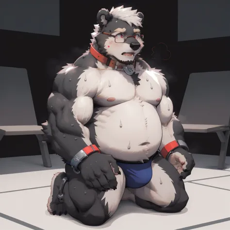 masterpiece, best quality, 8k resolution, Very detailed, hairy，(((Black Bear))，(((Mature)))，(((middle aged)))，(((blush)))，portrait，(((red eyes)))，(((white hair)))，((()))，(((Shirtless)))，(((Fat-enclosed muscle)))，For the audience，(((Shame)))，Highest quality...