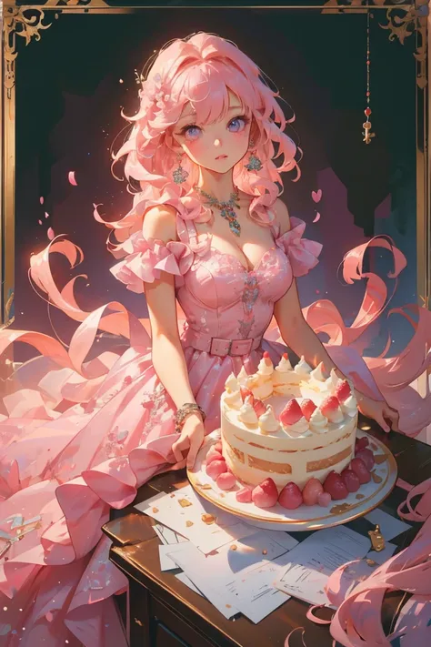 masterpiece, glowing,1 brown woman,  wrenchelegadome, hair ornament, jewelry, pink dress, detailed face, large breast, long pink hair hair, cute, sweets, cake, pink theme, dolls, cute pink theme