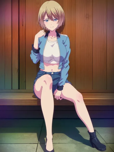 masterpiece, best quality, highres, akane hououji,full body,1girl, solo, short hair, blonde hair, blue eyes,smile ,crop top, black denim jacket,jean shorts, midriff, underboob,open jacket,closed toe shoes,high heels,crossed legs, sitting, big breasts, medi...