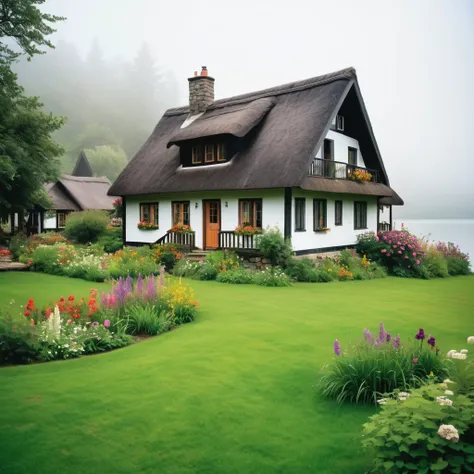 a cottage house with lush green grass and colorful flowers, built on an island in a lake, covered in mist