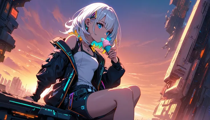 Handsome cute, Solitary, 1 female, Medium Length Hair, white hair, Rainbow hair, blue Eyes, Rainbow headphone, white food, Futuristic, Cyberpunk, Cybernetics panoramic, in the sunset, Sitting, eat ice-cream,