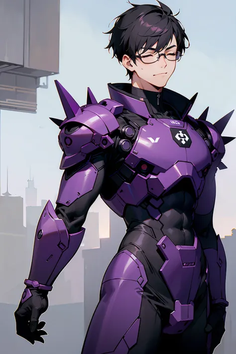 1male, Young Adult, Dark Violet, Eyes Closed, Short Hair, Spikey Hair, Dojo Background, Slight Smile, Glasses, Standing In City, Detailed background, Black and White Combat Suit