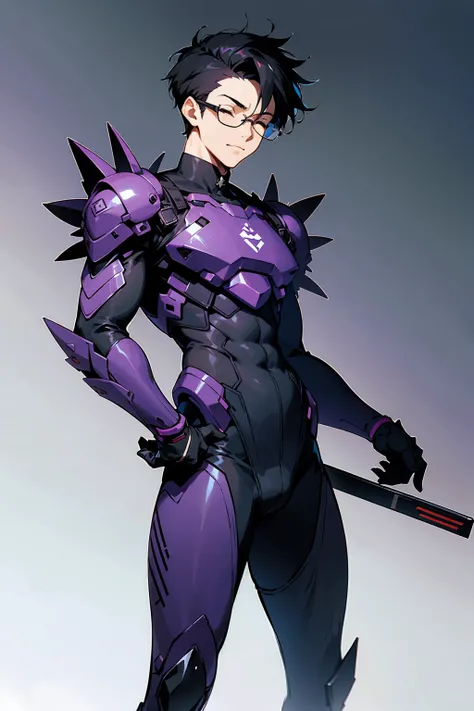 1male, Young Adult, Dark Violet, Eyes Closed, Short Hair, Spikey Hair, Dojo Background, Slight Smile, Glasses, Standing In City, Detailed background, Black and White Combat Suit