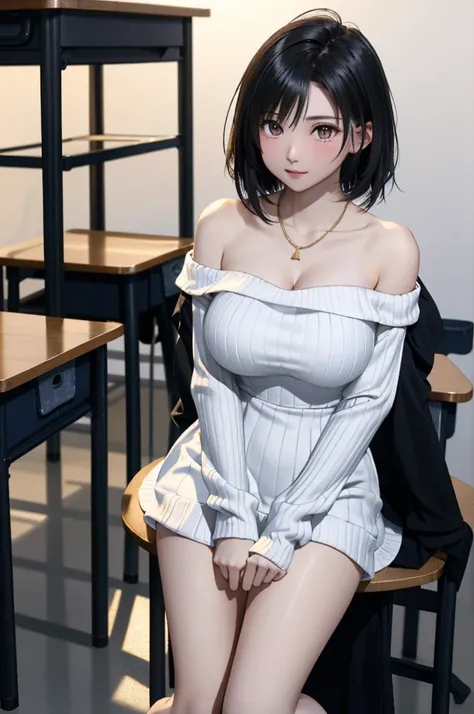 solo、Female college student、(Big Breasts、Big Tits)、(Black Hair、Very Short Hair、Boyish cut)、(White off-shoulder ribbed knit、white long sleeves white、White dress white、White Micro Mini White、White mesh panties)、Gold Necklace、(Bare thighs、Smooth thighs)、Black...