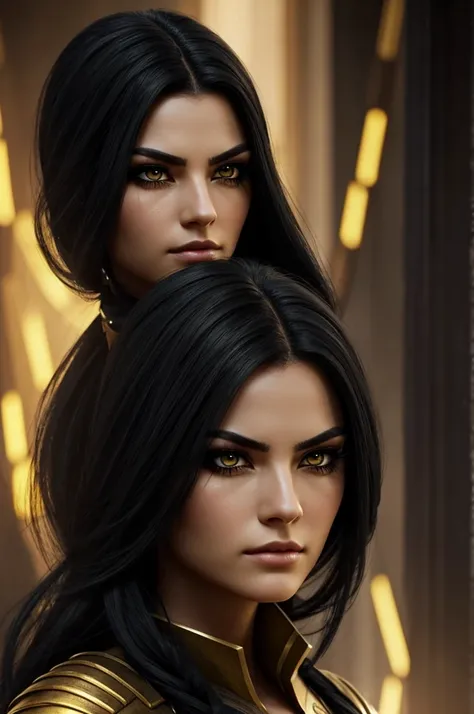 Create a picture for an epic character of an assassin that is a woman who looks cold with black hair, dark eyebrows, long lashes, and bright yellow golden eyes that could kill