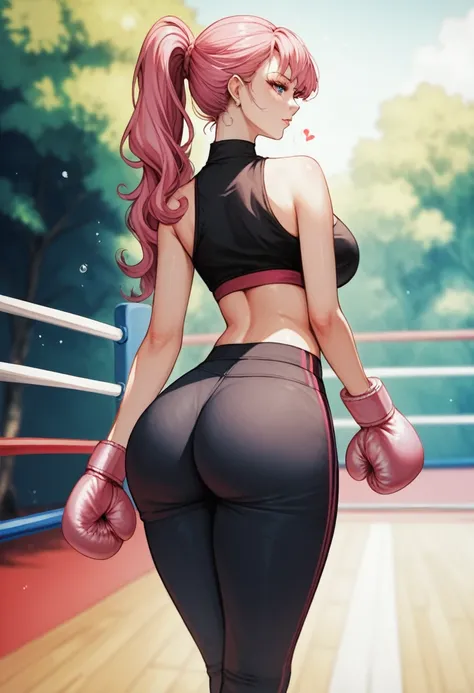  2D anime picture, (anime style 1), single female arrogant boxer, 20 years old, sadistic, Japanese, beautiful long hairstyle, curvy ass, lush breasts, in black high neck crop top, in black short sport pants, in pink boxing gloves стоит возле боксёрском рин...