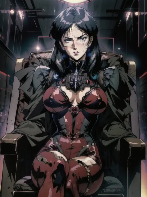 (((((retro anime))) of a gothic vampire piloting a gothic ruby mech)), (from below), close-up, (fisheye), ((gothic (control panels) everywhere)), ((mature)), ((vampiric)), (iridescent bodysuit), lace accessories, dark big lips, ((baroque pilot seat)), ((le...