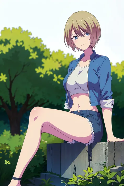 masterpiece, best quality, highres, akane hououji,full body,1girl, solo, short hair, blonde hair, blue eyes,smile ,crop top, black denim jacket,jean shorts, midriff, underboob,open jacket,closed toe shoes,high heels,crossed legs, sitting, big breasts, medi...