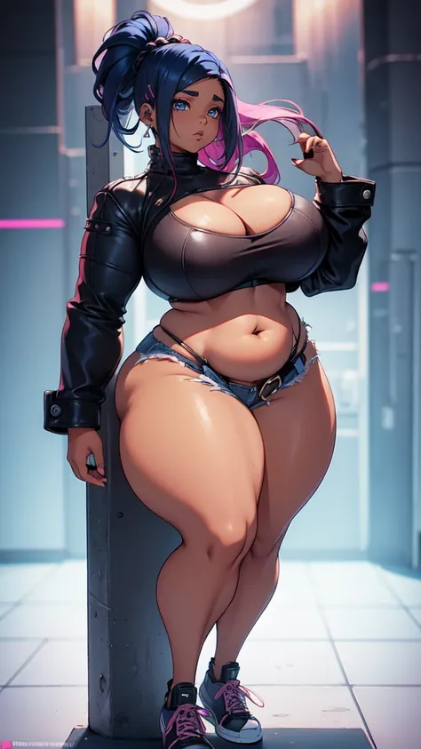 (blank background), (((full body framing))), standing, (masterpiece), (best quality), huge girl, (muscular girl:0.8), (thin hair:1.7), (long blue jeans), massive breast, Mohawk hairstyle:1.4, sport bra, pink hair, dark skin, belt under navel, blunt bangs, ...