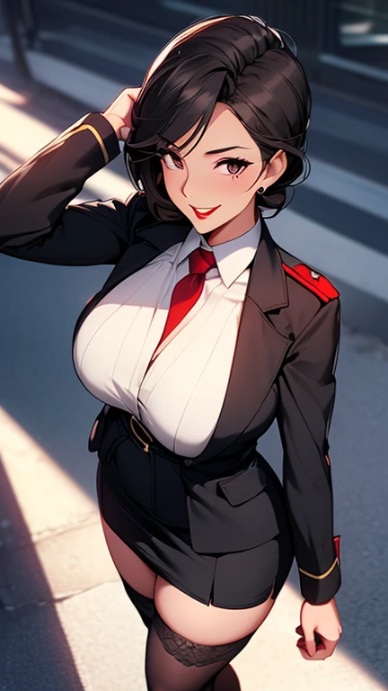 Mature Woman,(uniform,Tight Skirt, High heels,stockings)((Female Officer、female soldier)),、((A seductive smile)), (From above:1.1), blush, eyelash, Beautiful Eyes, belly button, Fishnet Focus),Mole on chest, Perfect body, Thick thighs, Wide Hips, Seductive...