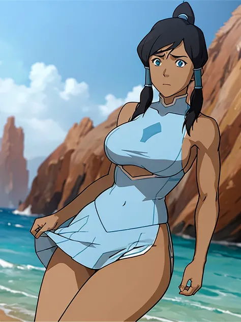 The legend of korra, korra, in full growth,the city in the background,(micro skirt:1.4),(, micro bra, big tits,thongs:1.2),, muscular,