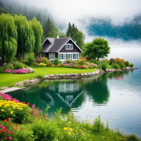 Birds eye perspective shot of A cottage house with lush green grass and colorful flowers, built on an island in a lake, covered in mist