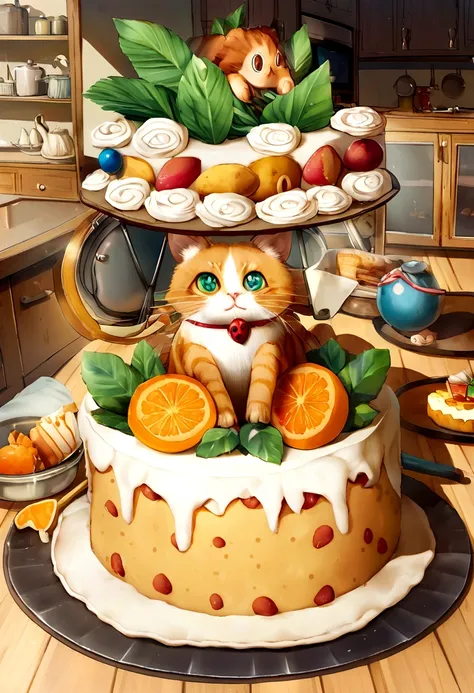 Un lindo gato naranja de ojos saltones, with a birthday cake, en la cocina , Luz solar fuera de la ventana.