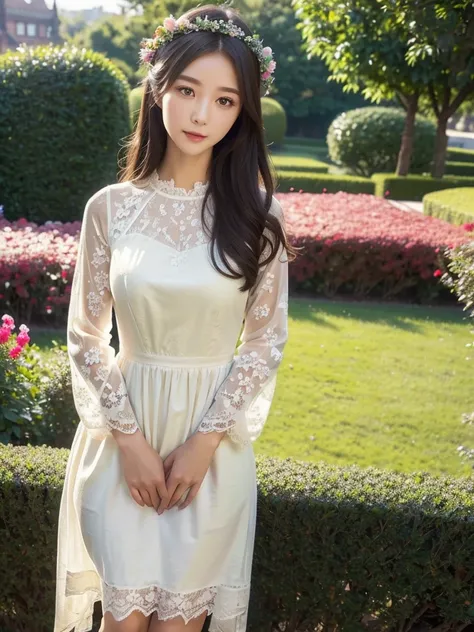 floral lace dress、(highest quality)), (Very detailed), ((Very detailed)), 4K, (8k), highest quality, alone,Kind Face、Soft Light、RAW quality、all、Garden Terrace