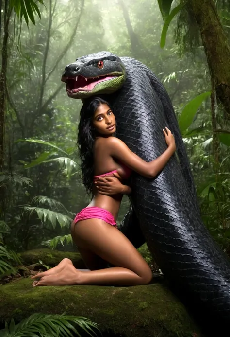  Topless  pink thong wearing aroused horny beautiful happy young Indian teen girl vs  Giant black anaconda monster wrapped around her body squeezing her in coiled embrace cuddling and kissing  sexual erotic bestiality  sex  realistic in the rainforest full...