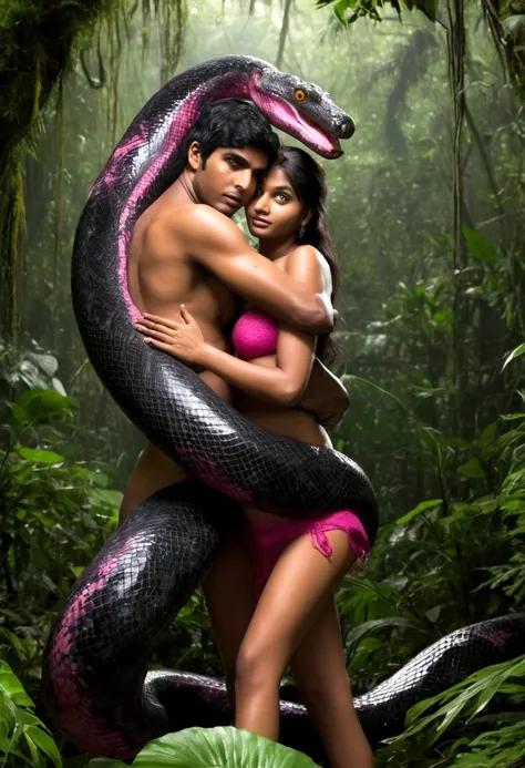  Topless  pink thong wearing aroused horny beautiful happy young Indian teen girl vs  Giant black anaconda monster wrapped around her body squeezing her in coiled embrace cuddling and kissing  sexual erotic bestiality  sex  realistic in the rainforest full...