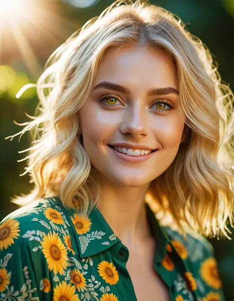 cinematic photo Cinematic image of an 18-year-old blonde woman with macroscopic patterns inspired by the sun. Bright hazel eyes. Highlight concentric circles, radiant sun rays and floral motifs in the background, sexy clothing, using a summery palette of w...