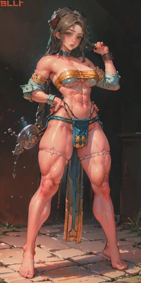 full body toe to head, masterpiece, 1soloMILF BIMBO standing loincloth pose, leather collar choker neck bell shackles wristbands bracers bracelets sleeves and stockings, strong body, abs, shiny skin (masterpiece, best quality) 1girlsolo wearing 40K Warhamm...