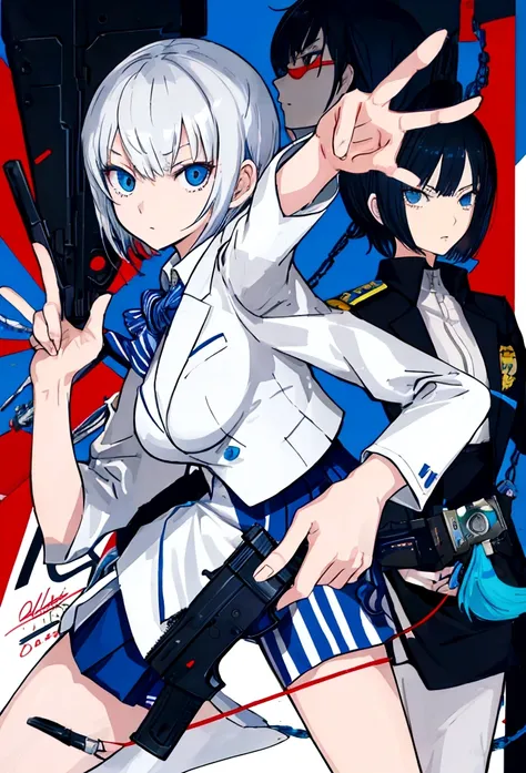 anime tall girl, officer, policewoman, tall girl, holding handgun, serius eyes, point the handgun to camera, above view, fine details, short hair, straight hair, White Shirt, blue blazer, thicc, full body view
shigenori soejima illustration, high quality f...