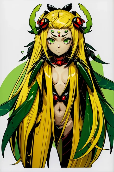 1girl, chibi girl with arachnid body, (spider abdomen), monster musume, 10 years old, hairy thin long spider legs, dragonfly wings, moth antenas on head, blonde long hair, yellow hair, green clothes, green eyes, flat chest, hades style, hadesstyle, hades2s...