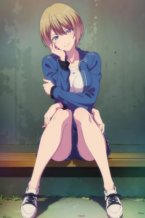 masterpiece, best quality, highres, akane hououji,full body,1girl, solo, short hair, blonde hair, blue eyes,smile ,crop top, black denim jacket,jean shorts, midriff, underboob,open jacket,closed toe shoes,matching shoes,crossed legs, sitting, big breasts, ...