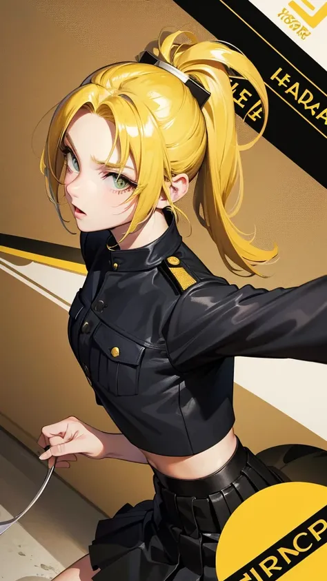 Beautiful girl in military uniform in a short skirt with yellow hair in a ponytail on both sides, wallpaper. 3D