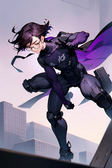 1male, young adult, dark violet hair, eyes closed, short hair, dojo background, slight smile, glasses, standing in city, detaile...