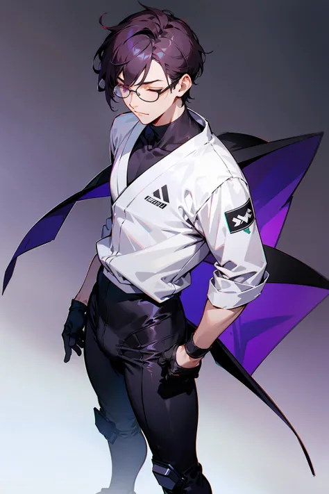 1male, young adult, dark violet hair, eyes closed, short hair, dojo background, slight smile, glasses, standing in city, detaile...