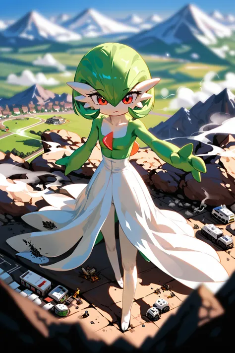 {{green and white}}, gardevoir, pokemon, macro, high angle, {{standing on the ground}}, standing , continent, mountain, atmosphere, giga size, depth of field, from above, destruction smoke around feet