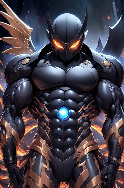 black crhome dark gothic batman black noir dragon details very strong muscle, night city around, rays cosmic around of he body, 8k ultra high quality, masterpiece, ultra detailed, dark energy around, blue luminous eyes
