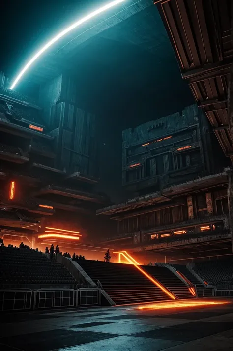 I want a comic style image that represents a modern and futuristic combat arena. La arena debe ser una estructura elevada. Alrededor de la arena, debe haber un abismo profundo lleno de rocas filudas y puntiagudas que parecen peligrosas y letales. El ambien...