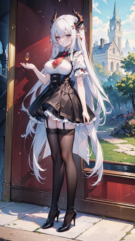 (masterpiece, top quality, best quality, official art, beautiful and aesthetic:1.3), (8k, best quality, masterpiece:1.2),(full body:1.3) (large breasts:1.2), long hair, black thighhighs, high heel, (microskirt:1.1), garter belt, dragons horn,dragons wing,
