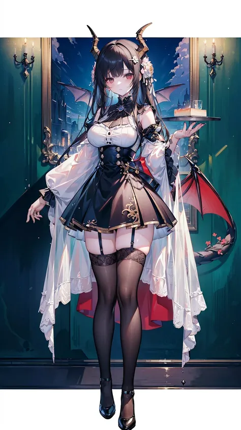 (masterpiece, top quality, best quality, official art, beautiful and aesthetic:1.3), (8k, best quality, masterpiece:1.2),(full body:1.3) (large breasts:1.2), long hair, black thighhighs, high heel, (microskirt:1.1), garter belt, dragons horn,dragons wing,
