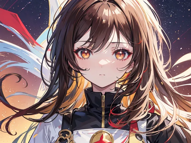 （（Anime Female）），（red and gold clothing），( ( golden colored in the right eye) ) ( (dark gray eye in the left eye) ) ( ( star-shaped pupil in the left eye) ), ( ( dark brown hair in the half right side of hair) ), ( (light brown hair in the half left side o...