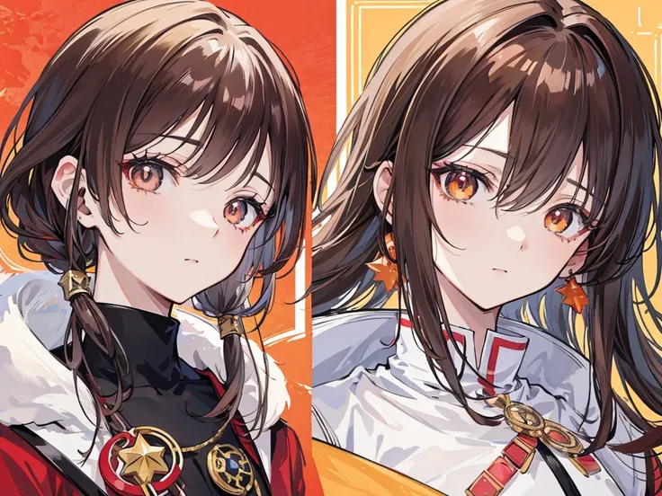 （（Anime Female）），（red and gold clothing），( ( golden colored in the right eye) ) ( (dark gray eye in the left eye) ) ( ( star-shaped pupil in the left eye) ), ( ( dark brown hair in the half right side of hair) ), ( (light brown hair in the half left side o...