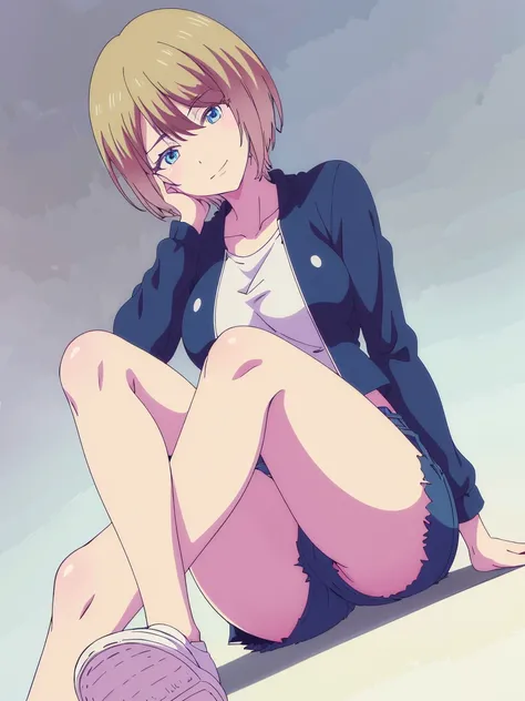 masterpiece, best quality, highres, akane hououji,full body,1girl, solo, short hair, blonde hair, blue eyes,smile ,crop top, black denim jacket,jean shorts, midriff, underboob,open jacket,closed toe shoes,matching shoes,crossed legs, sitting, big breasts, ...