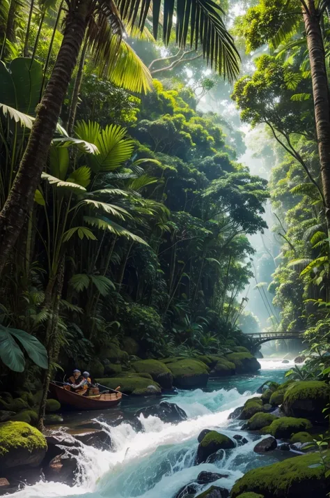 a group of friends set out to the Amazon jungle to film,tropical jungle,dense foliage,lush vegetation,ancient trees,sunlight filtering through leaves,river running through the jungle,boat navigating the river,explorers hiking through the jungle,cameras and...