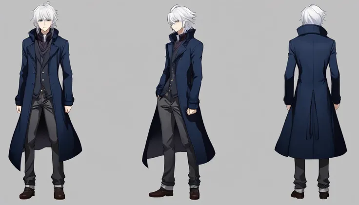 Male, anime style, 2d, young, white hair, dark blue coat, dark grey pants, standing pose, high definition, no background