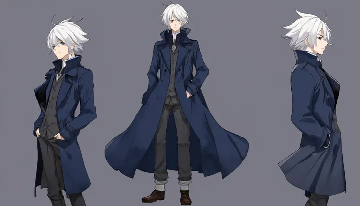 Male, anime style, 2d, young, white hair, dark blue coat, dark grey pants, standing pose, high definition, no background