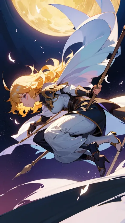 anime witch mature woman between 30-40 years old, wearing a witch suite combined with knight armor, flying with a broom designed like a unicorn and colored white, blonde curvy hair, with a small ghost flying beside her as a sidekick