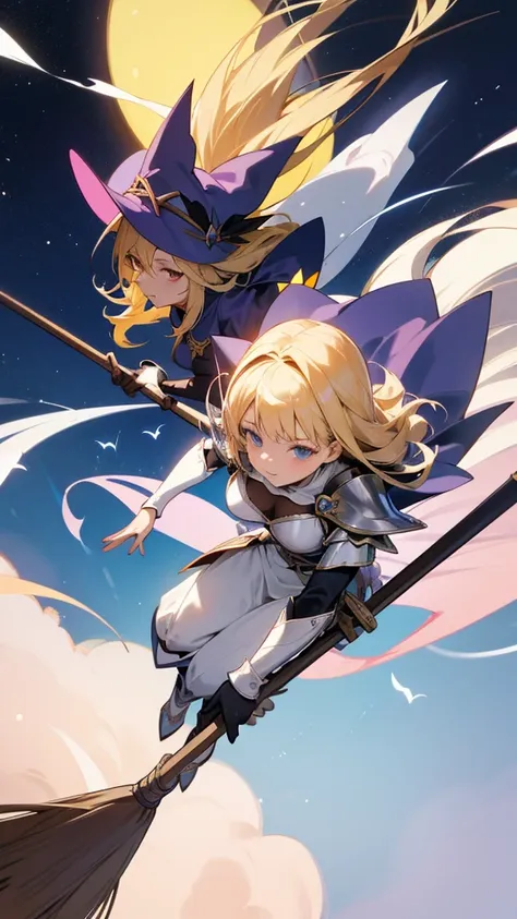 anime witch mature woman between 30-40 years old, wearing a witch suite combined with knight armor, flying with a broom designed like a unicorn and colored white, blonde curvy hair, with a small ghost flying beside her as a sidekick