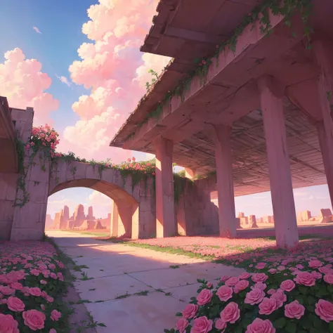 Summer, desert, pink clouds, a land overgrown with roses, James Gurney, art station rendering, ultra-wide lens, high definition